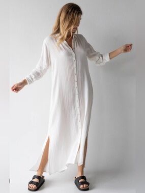 Natural Life Drew Cotton Gauze Boho Coastal Maxi Shirt Dress Coverup Pockets M